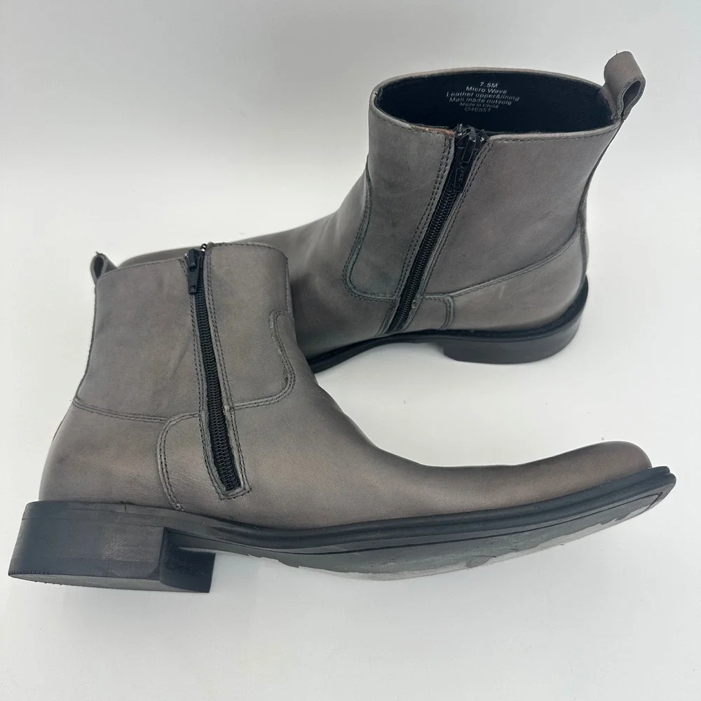 Kenneth Cole New York Micro Wave Gray Leather Side Zip Ankle Boots Mens 7.5M